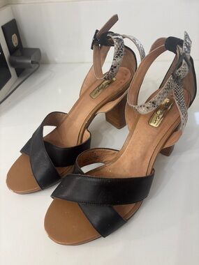 Halogen Black Leather Block Heel Sandals with Snake-Print Ankle Strap